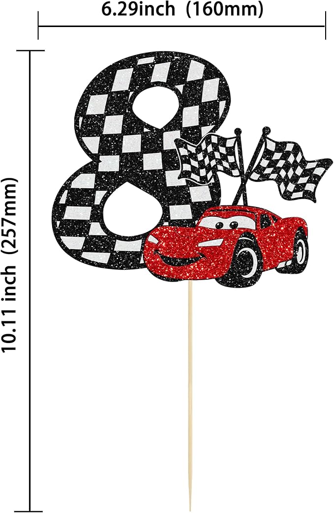 Gyufise 1Pc Race Car 8th Cake Topper Glitter 8th Racing Car Birthday Cake Topper Decoration for Racing Car Checkered Flag Themed Girl Boy 8 Years Birthday Party Supplies
