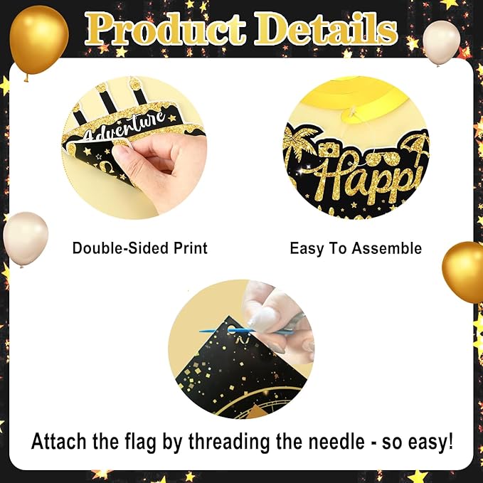 Happy Retirement Party Decorations for Men Women, Black and Gold Happy Retirement Banner, 71x43 Inch Retired Backdrop, 8pcs Hanging Swirls, Farewell Party Supplies