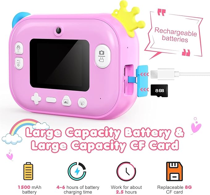 Instant Print Camera for Kids – 12MP 1080P Digital Camera with 2.4 Inch Screen,Includes 8GB SD Card, Perfect Christmas & Birthday Gift for Ages 3-12, Girls & Boys