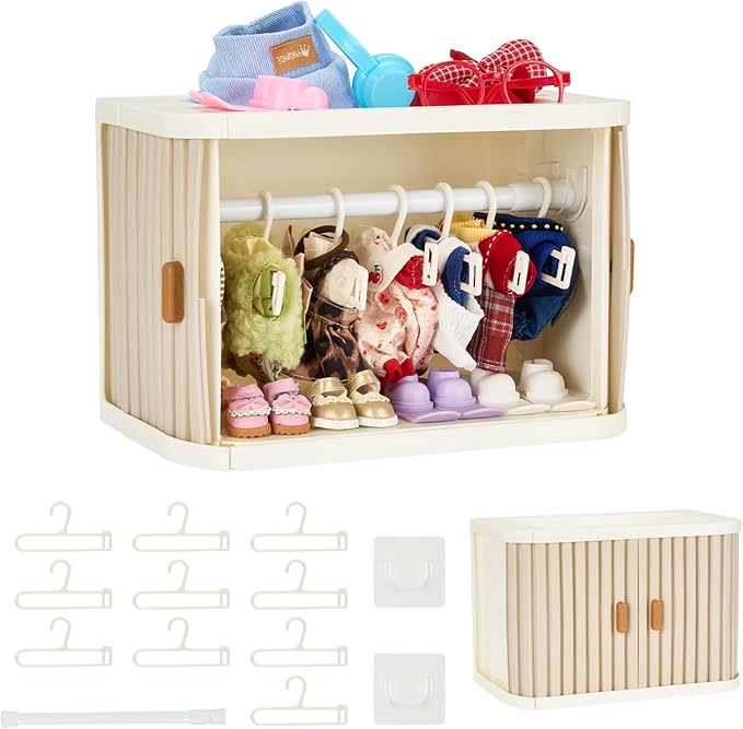 Foldable Doll Wardrobe Closet Compatible with Labubu Clothes – Stackable Storage Box with 10 Hangers, Rod & Display Shelf for 15/17cm Doll Outfits (Grey)