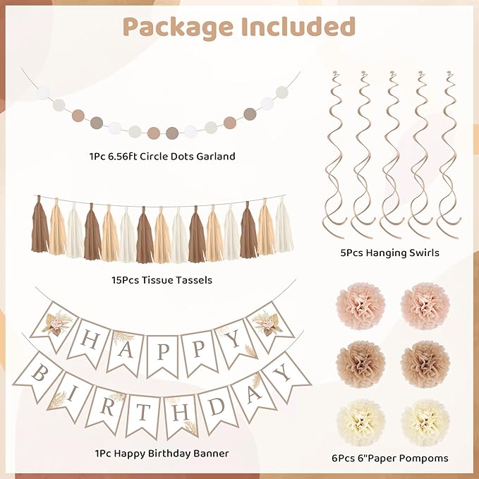 Birthday Decorations for Women, Beige Cream Neutral White Sand Confetti Balloons Boho Happy Birthday Banner Fringe Curtains Hanging Swirls Circle Dots Tassels Pompoms Women Girls Party Supplies