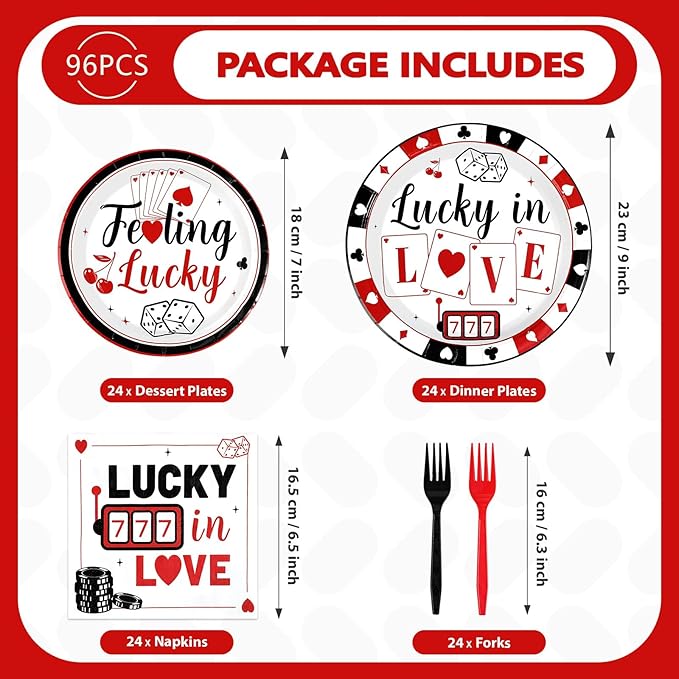 96 Pcs Casino Party Decorations Lucky In Love Plates and Napkins Disposable Black White Red Poker Tableware Set for Las Vegas Night Poker Club Birthday Party Supplies Serves 24