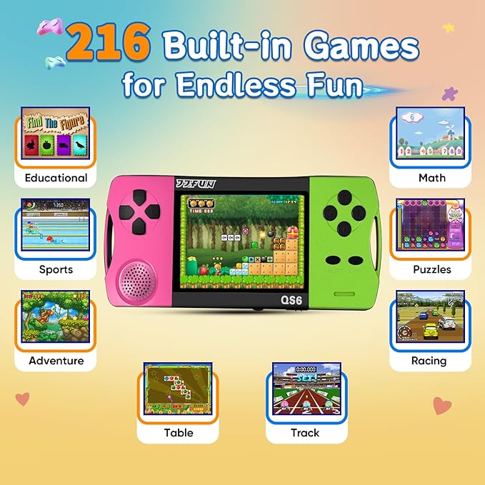 Handheld Games for Kids with 3.5" IPS Large Screen Built-in 216 Retro Video Games Portable Gaming Player with Rechargeable Battery Mini Arcade Electronic Toy Gifts for Boys Girls (Rose+Green)