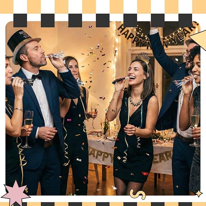 Sumind 24 Pcs Black and Silver Noise Makers Glitter Noise Makers Metallic Fringed Party Blowers for Adults Birthday Graduation Sporting Events 2026 New Years Party Favor Supplies