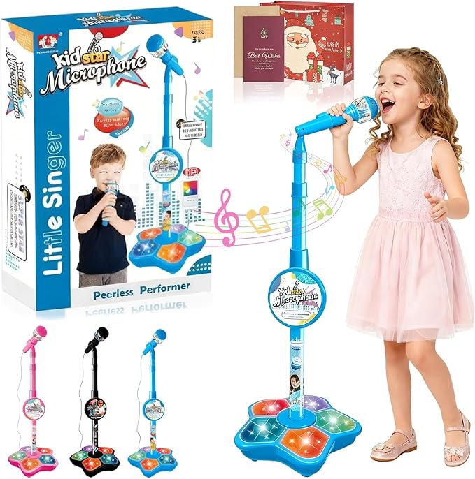 The All-in-One Microphone Toy, Funny Kids Microphone with Adjustable Stand, Speaker & Colorful LED, Multi-Functional Karaoke Microphone Toy for Boys & Girls, Gifts for Little Singers (1-Blue)
