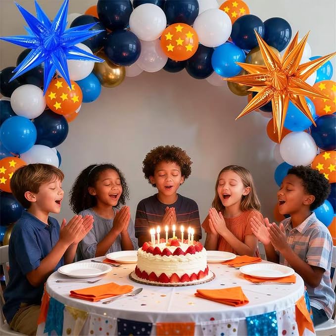112 Pcs Blue Orange Gold Balloon Garland Arch Kit, Pentagram Print Balloons For Cartoon Themed Birthday Party Decorations Boys Girls Gatherings Party Supplies