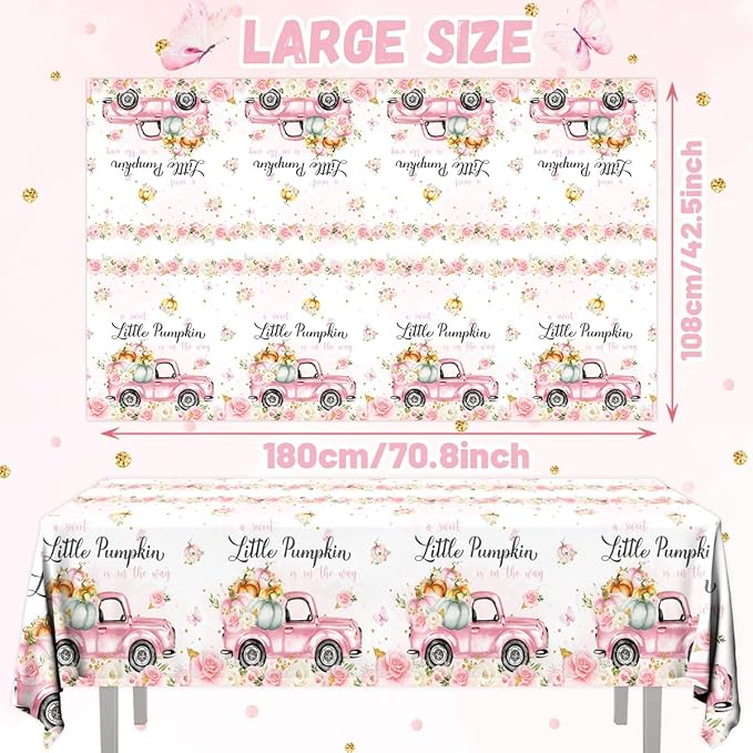 GREHUMOR Little Pumpkin Baby Shower Tablecloth a Sweet Little Pumpkin is on The Way Theme Pink Floral Truck Table Cover Plastic Disposable for Autumn Thanksgiving Baby Shower Party Decoration