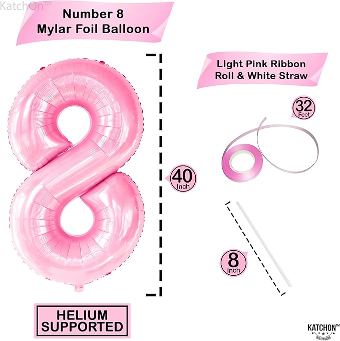 KatchOn, Giant Light Pink Number 8 Balloon - 40 Inch, Pink 8 Balloons for Birthday Girl | Number 8 Balloons for Birthdays | 8 Balloon Number for 8th Birthday Decorations for Girls | 8 Birthday Balloon