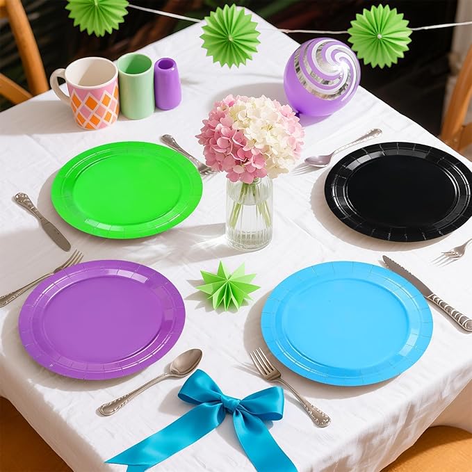 Grencian 60Pcs Video Game Party Paper Plates 9" Green and Purple Party Plates Purple Black Blue Green Dessert Platters for Video Games Theme Kids Gamer Birthday Monsters Theme Party Decorations