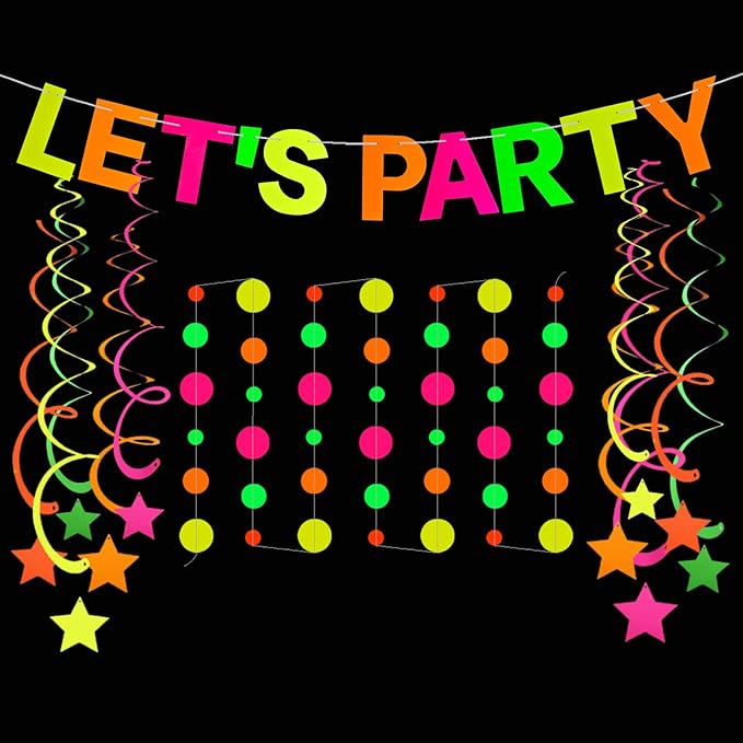 Neon Party Supplies Includes Let's Party Banner, Round Dot Paper Garland, Neon Swirl Streamers,Glow in The Dark Party Supplies Decorations UV Blacklight Reactive Favor for Halloween Wedding Birthday