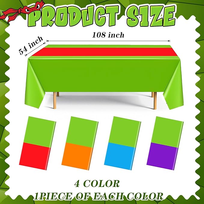 4 Pack Cartoon Turtle Plastic Tablecloth 54 x 108 Inches Green Purple Red Orange Blue Cover Disposable Rectangle Table Runner for Birthday Party Outdoor Picnic Camping