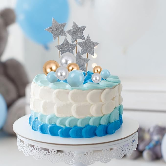 Gyufise 30Pcs Mini Balloon Cake Topper Foam Ball Cake Picks Decorations Faux Pearl Balls DIY Cake Topper Decoration for Baby Shower Wedding Anniversary Birthday Party Supplies Gold Silver Blue