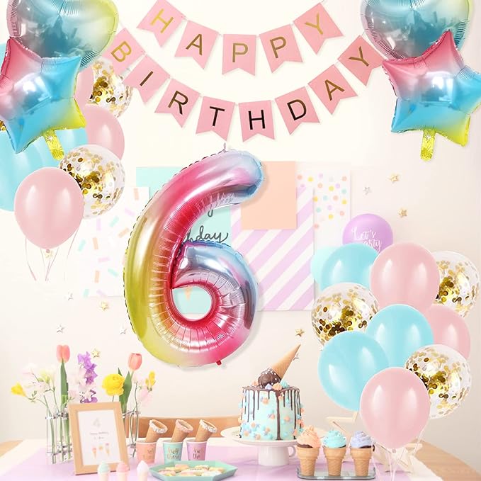 6th Birthday Decorations for Girls Gradient color Age 6 Birthday Balloons with Happy Birthday Banner for Baby showers Sixth Birthday Party Supplies for Girls Boys (6th-Birthday)