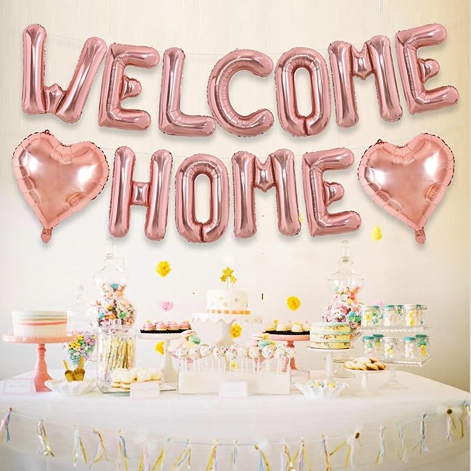 TONIFUL Welcome Home Balloons,16 Inch Rose Gold Welcome Home Foil Balloons Banner Welcome Home Party Decorations for Homecoming Party Decorations House Warming Party Family Gathering Supplies