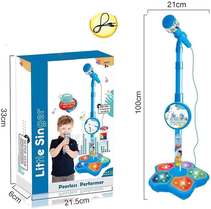 The Multifunctional Microphone Toy, Multi-Functional Microphone Toy with Adjustable Stand, Speakers and Lights, Compatible with Mobile Phones, for Christmas and Birthday (Blue)