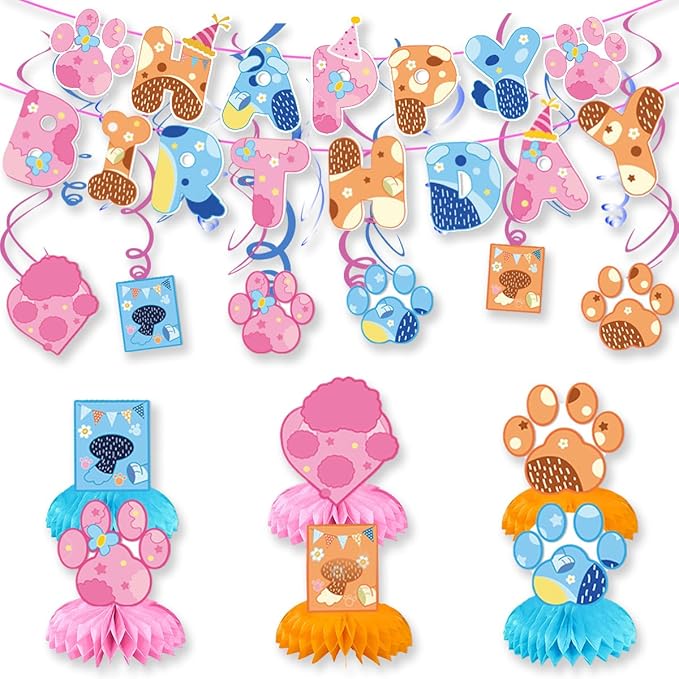 Blue and Pink Dog Birthday Party Supplies, Cute Dog Party Decorations -Banner -6 swirl-6 Honeycomb Centerpieces
