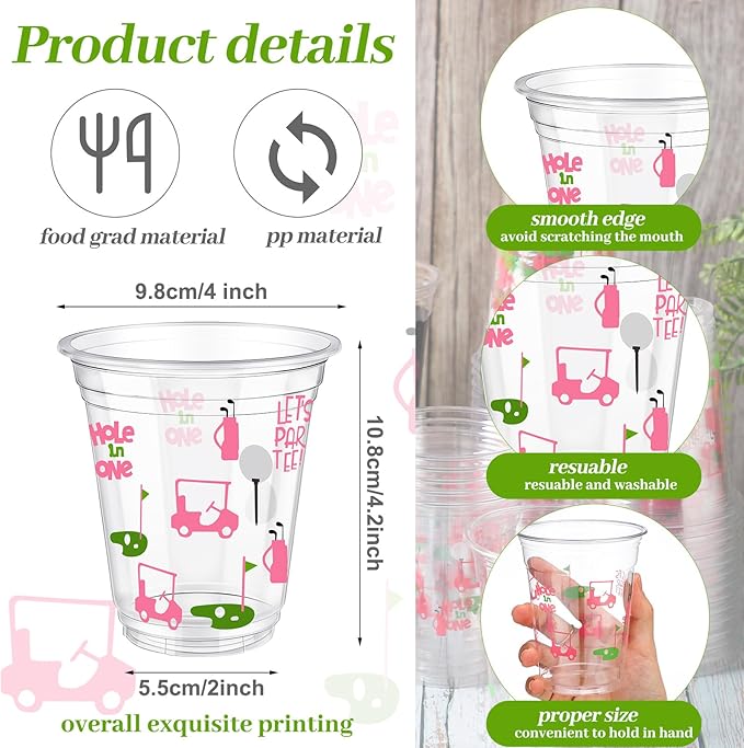 Qinyoung 50 Pcs Masters Golf Ball Party Supplies Bulk Clear Plastic Cups 12oz Disposable Let's Par-tee for Home Sports Golf Themed Birthday Bachelor Party Supplies Favors (Pink)