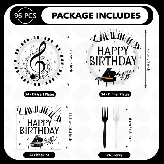 96Pcs Piano Happy Birthday Decoration Piano Music Themed Plates and Napkins Music Notes Keys Piano Disposable Paper Tableware Set for Adults Kids Musicians Birthday Party Supplies Serves 24