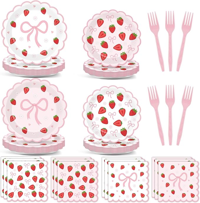 96Pcs Strawberry Party Plates and Napkins Bow Berry Sweet Scalloped Birthday Plates Party Supplies Pink Coquette Strawberry Tableware for Girls Baby Shower Wedding Birthday Decor 24 Guests
