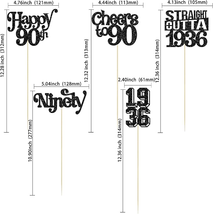 Gyufise 15Pcs Happy 90th Birthday Centerpiece Sticks Ninety Straight Outta 1936 Table Flower Centerpieces Sticks Cheers to 90 Decorations for 90th Birthday Party Supplies Black