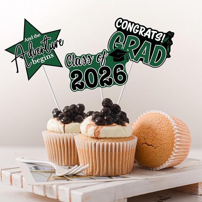 2026 Graduation Cupcake Toppers - 48 Pcs Green Graduation Party Supplies Mini Cake Food/Appetizer Picks For Class of 2026 Grad Decorations