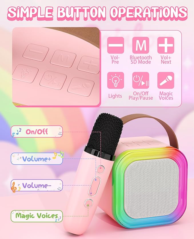 Karaoke Machine for Kids Microphone Gifts for Teen Girls Toys Age 6-8 for Kids 4 5 7 9 6 8 10 Year Old Christmas Birthday Gift Ideas (Pink)