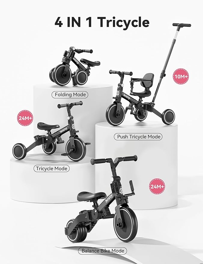 besrey 4 in 1 Toddler Bike, Toddler Tricycle for 1-3 Year Old, Trike with Push Handle, Backrest and Safety Belt, Birthday Gifts and Toys for Boys and Girls, Balance Bike (Black)
