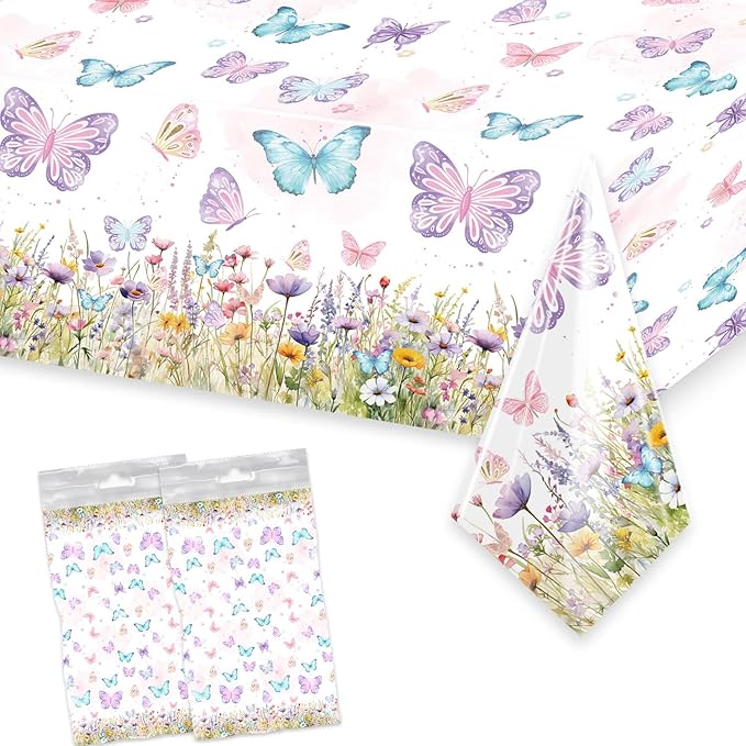 2 Pack Butterfly Tablecloth Birthday Party Decorations for Spring Butterfly Theme Girls Baby Shower 1st 2nd 3rd 4th Birthday Party Table Supplies Favors, 108 x 54 Inch