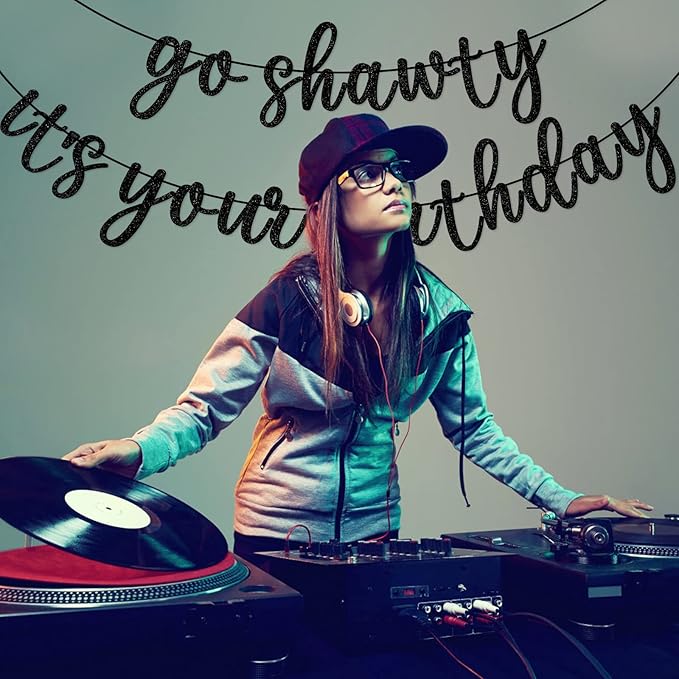 Go Shawty It's Your Birthday Banner, Hip Hop Birthday Party Decorations Supplies, Rap Theme Bday Bunting Sign, Pre-strung, Photo Props (Black)