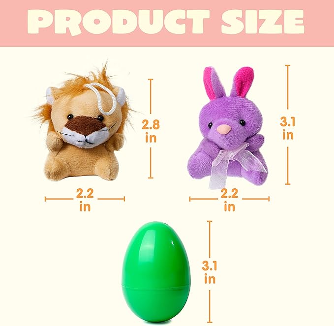 JOYIN 12 Pcs Prefilled Easter Eggs of Mini Stuffed Animal Plush Toys Basket Stuffer for Kids Easter Egg Hunt Filler and Party Favors, Classroom Prize Supplies