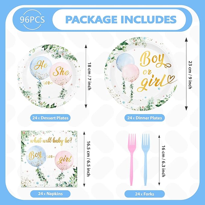 Grencian 96 Pcs Baby Gender Reveal Party Supplies Balloon Baby Shower Plates and Napkins Tableware Set He or She Gender Reveal Party Decorations for Boy or Girl Birthday Baby Shower Party Serves 24