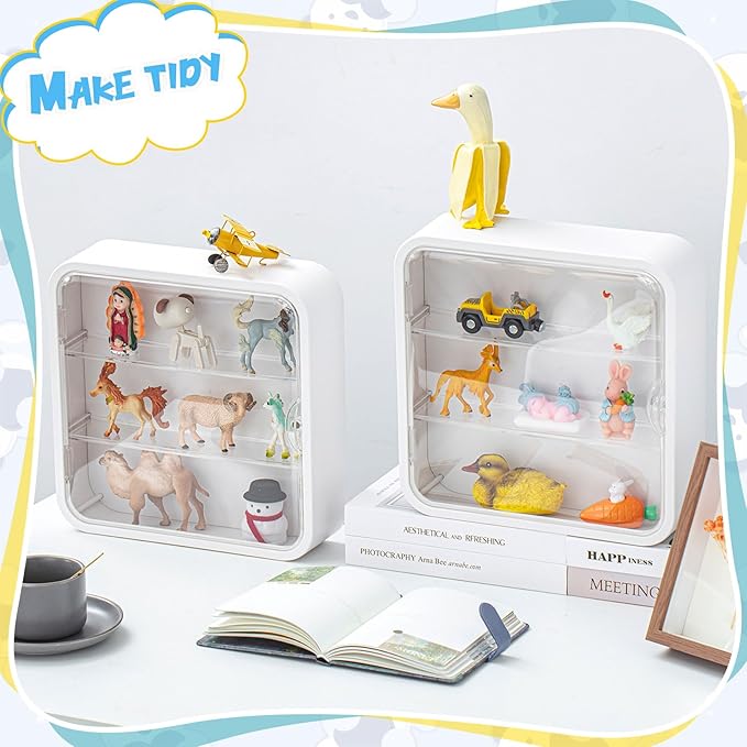 Menkxi 2 Pcs Display Case for Figures 3 Tiers Doll Storage Box Wall Mounted Clear Box Dust Proof Display Cabinet Organizer with Magnetic Door for Mini Toys Action Figures Collectibles, White