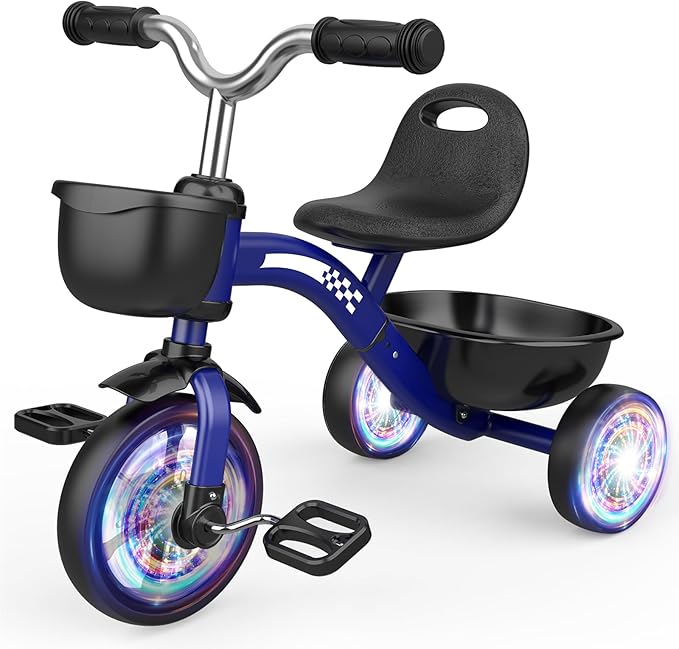 Toddler Tricycle for 1-3 3-4 Year Olds, 2 3 4 Year Old Boys Girls Birthday Gifts, Toddler Toys Baby Bike, Outdoor Toys for Ages 2-4, 3-Level Adjustable Seat, 3 Color Light Wheels, 2 Baskets