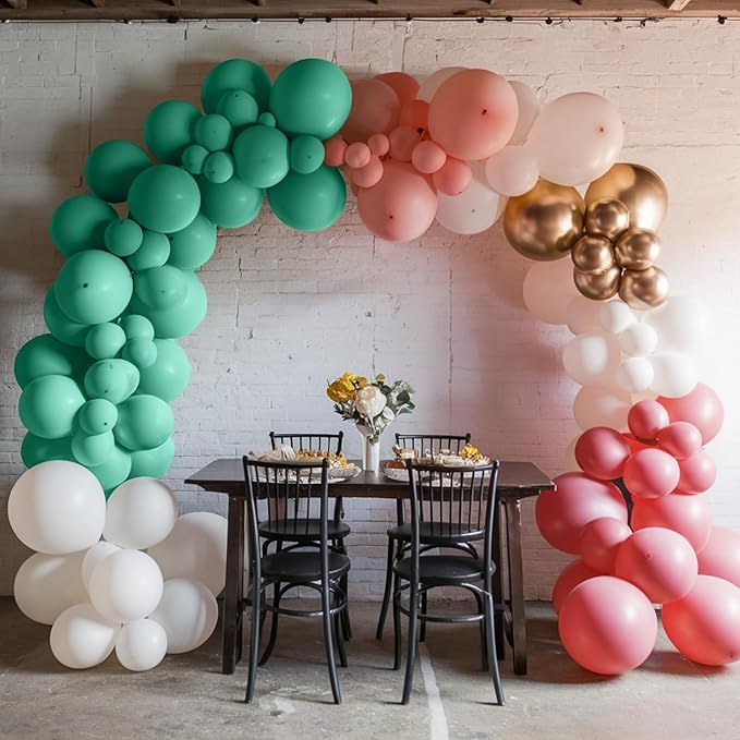 Sage Green Pink Balloons, 12 Inchs Retro Pink Green White Metallic Gold Balloons, Pastel Birthday Balloon for Girls' Birthdays Jungle Safari Baby Shower Wedding Party Decoration