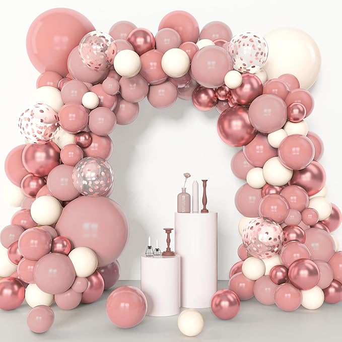 Amandir 153pcs Dusty Pink Balloon Garland Arch Kit, Different Sizes 18 12 10 5 inch Pink White Sand Metallic Confetti Pink Balloons for Valentines Day Bridal Shower Birthday Boho Party Decorations