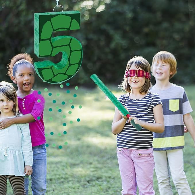 16 Inch Turtle Number 5 Pinata, Turtle Birthday Decorations, Turtle Theme Pinata with 16 Inch Stick Blindfold Confetti for Boy Girl Kids 5th Birthday Party Supplies(5th)