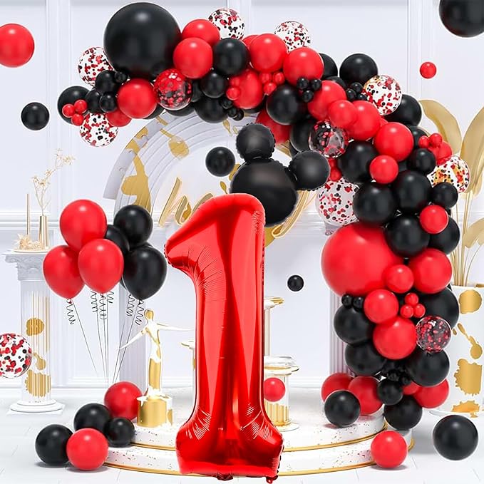 40 Inch Mouse Number 1 Balloon Black Red 1 Balloons for 1st Birthday, Mini Mouse Head Balloon Red Giant Number One Balloons for Mouse Clubhouse Baby Shower Anniversary Supplies Decorations