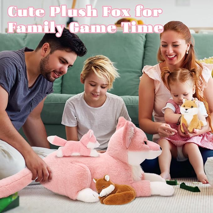 4Pcs Fox Stuffed Animal Set, Large Mommy Pink Fox Plush 22 Inch with 3 Baby Foxes in Her Zippered Tummy, Stuffed Fox Plushie Toy for Girls and Kids