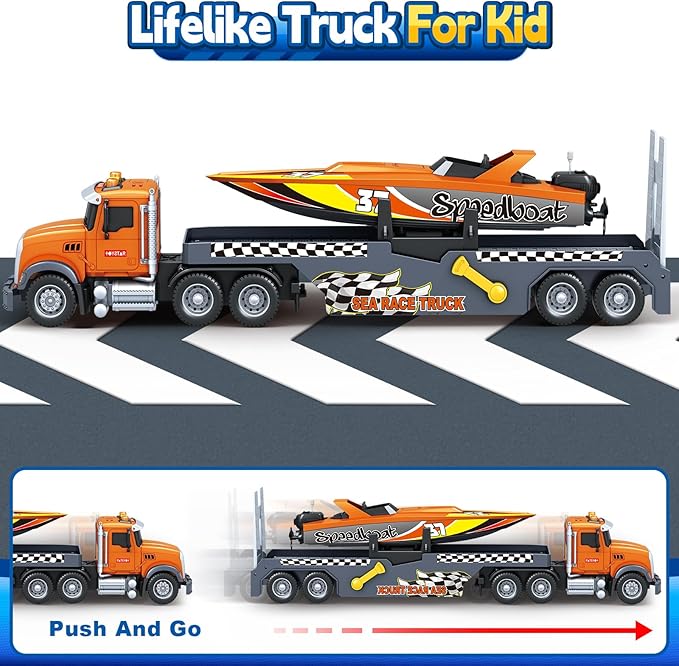 Toddler Boy Toys for 3 4 5 6 7 Years Kids, 21" Semi Flatbed Truck Toy with a Sea Race Truck, Friction Powered Vehicles Toys with Lights and Sounds, Birthday for Boy Girls