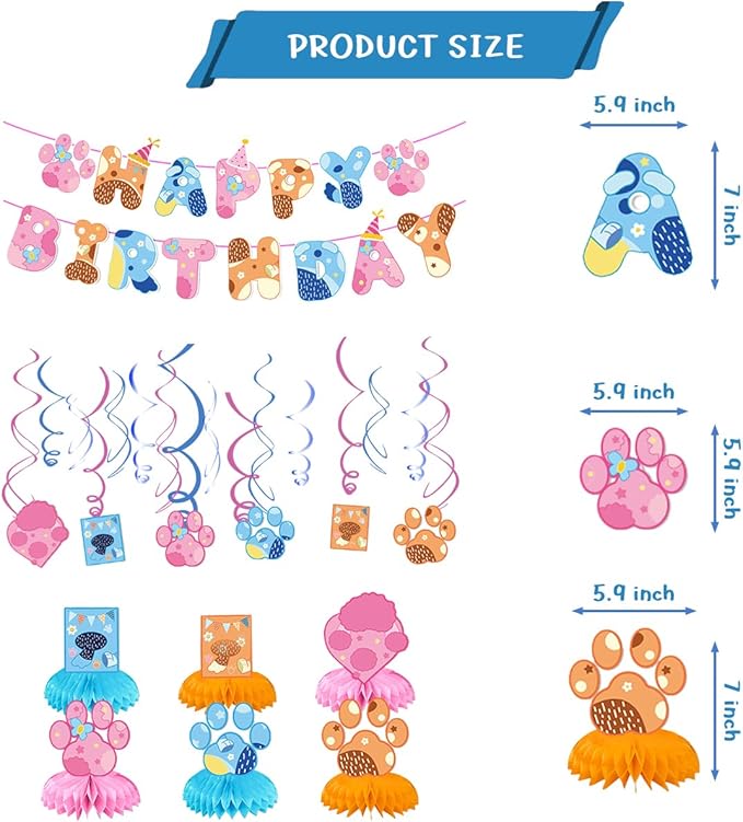 Blue and Pink Dog Birthday Party Supplies, Cute Dog Party Decorations -Banner -6 swirl-6 Honeycomb Centerpieces