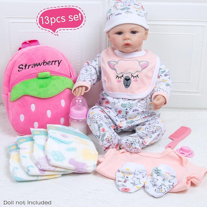 13 Pcs Set Reborn Baby Dolls Clothes Girl Outfit Accessories Pink Sheep Print for 17-22 Inch Reborn Dolls Newborn Girl with Pink Strawberry Backpack Diaper