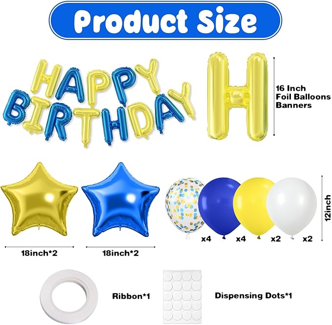 29PC Blue Yellow Happy Birthday Balloon Banner, 16 Inch 3D Aluminum Letter Banner Sign, Blue Yellow Confetti Balloon 18 Inch Star Foil Balloon for Women, Men Birthday Party Decorations