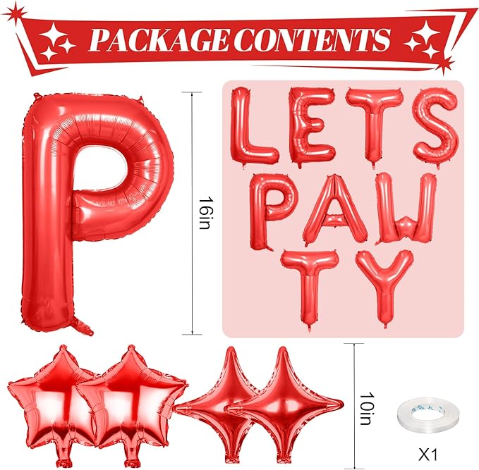 Lets Pawty Balloons Banner 16 Inch,Red Dog Birthday Decorations with 4pcs 10 Inch Star Balloons,Paw Foil Letter Balloon for Dogs Paw Pet Puppy Theme Party Supplies