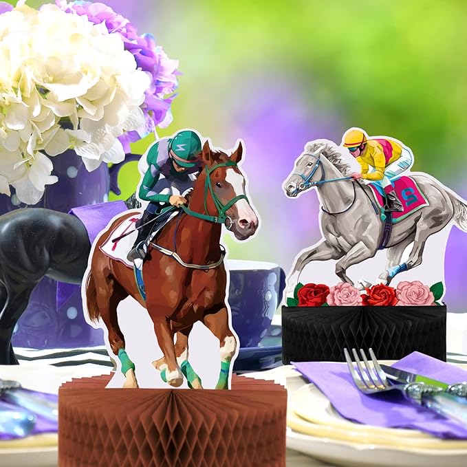 9 Pcs Kentucky Horsing Racing Derby Decorations Horse Racing Honeycomb Centerpieces 3D Horse Birthday Party Supplies Baby Shower Derby Plates Table Decoration