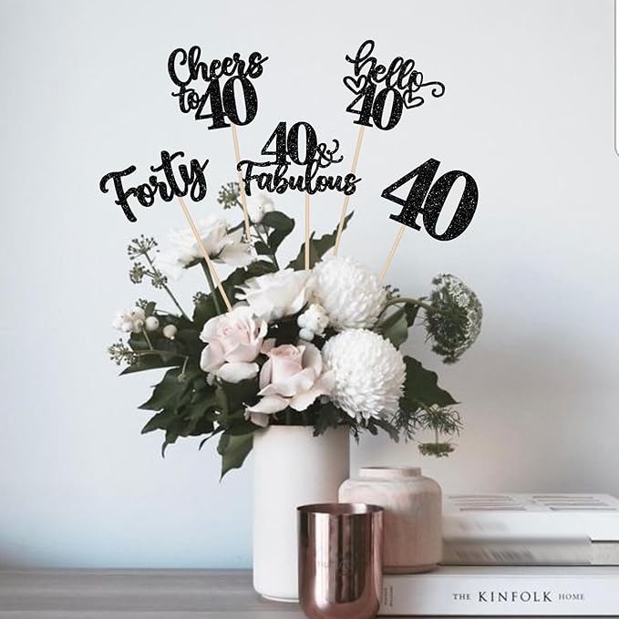 15PCS Happy 40th Birthday Centerpiece Sticks Hello 40 Cheers to 40 Birthday Table Flower Centerpieces Sticks Forty 40 Fabulous Floral Decorations for 40th Birthday Party Centerpieces Supplies Black