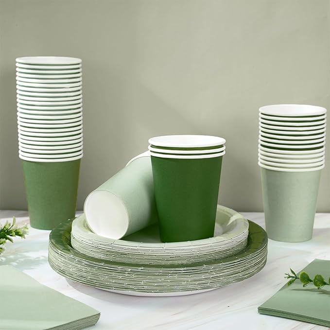 Whaline 96Pcs Sage Green Tableware Set Serves 24 Gradient Green Disposable Dinnerware 24 9" Plates 24 7" Plate 24 9oz Cups 24 Napkins for Wedding Birthday Party Supplies
