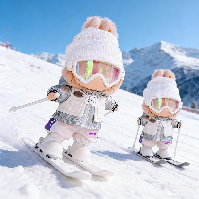 17cm Doll Clothes and Accessories Set for Lububu- Winter Snow Themed Ski Outfits with Mini Hat, Jacket, Pants, Poles, Goggles & Skis, Designer Clothing for Doll Dress-Up and Display(White)