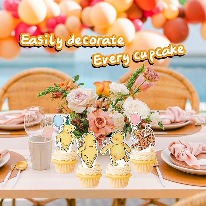 48 Pcs Winnie Baby Shower Cupcake Toppers for Classic Birthday Party Supplies Cute Winnie Cake Topper for Baby Shower Decorations