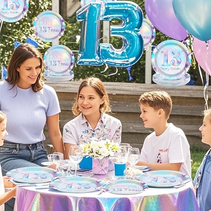96Pcs 13th Birthday Decorations Iridescent 13th Party Plates and Napkins Disposable 350GSM Official Teen Birthday Tableware Set for Teen Girls Happy 13 Year Old Party Supplies, Serves 24