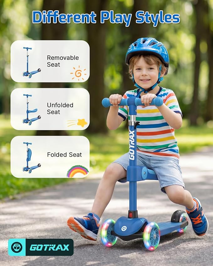 Gotrax KS3 Kids Kick Scooter, LED Lighted Wheels, Adjustable Height Handlebars and Removable Seat, Lean-to-Steer & Widen Anti-Slip Deck, 3 Wheel Scooter for Kids Ages 2-8 and up to 110 Lbs